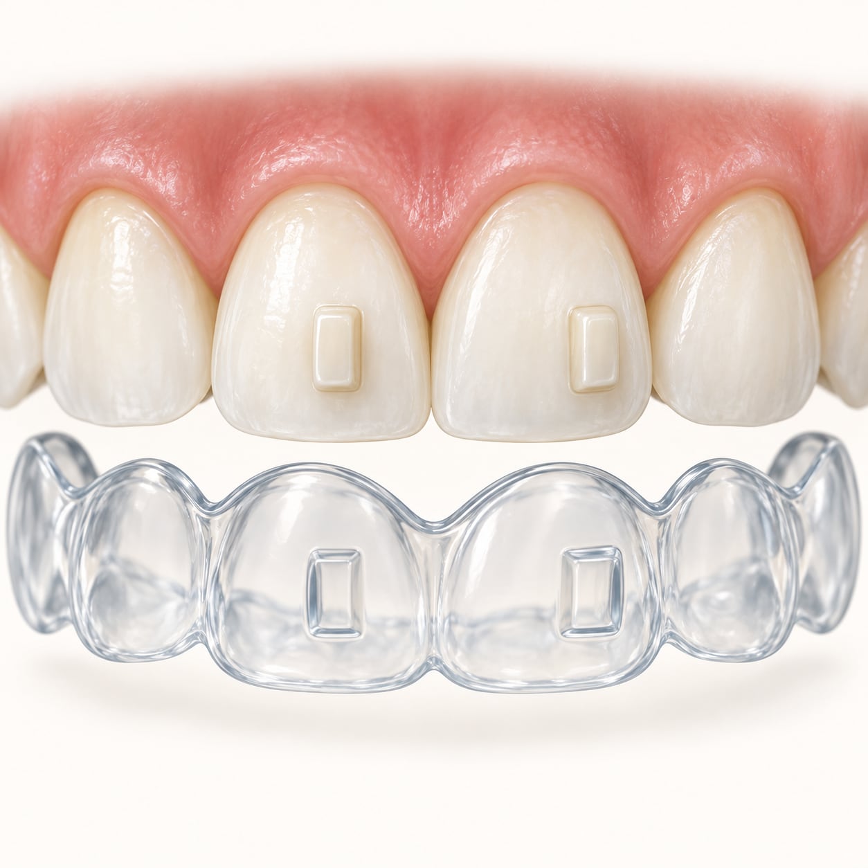 歯の表面のアタッチメントとマウスピースの模式図