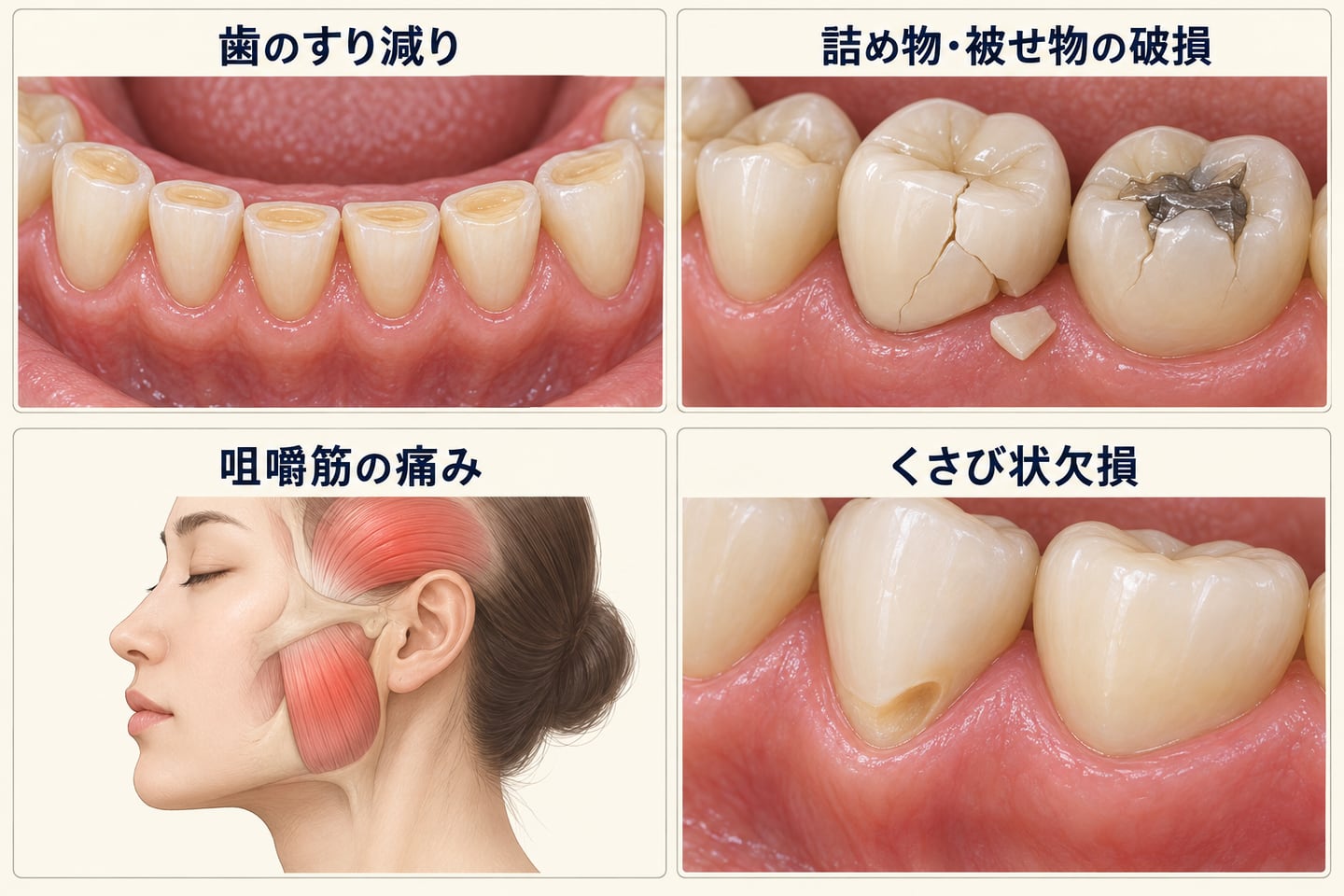 歯のすり減り、詰め物・被せ物の破損、咬筋と側頭筋の痛み、歯の付け根のくさび状欠損を示す4つのイラスト