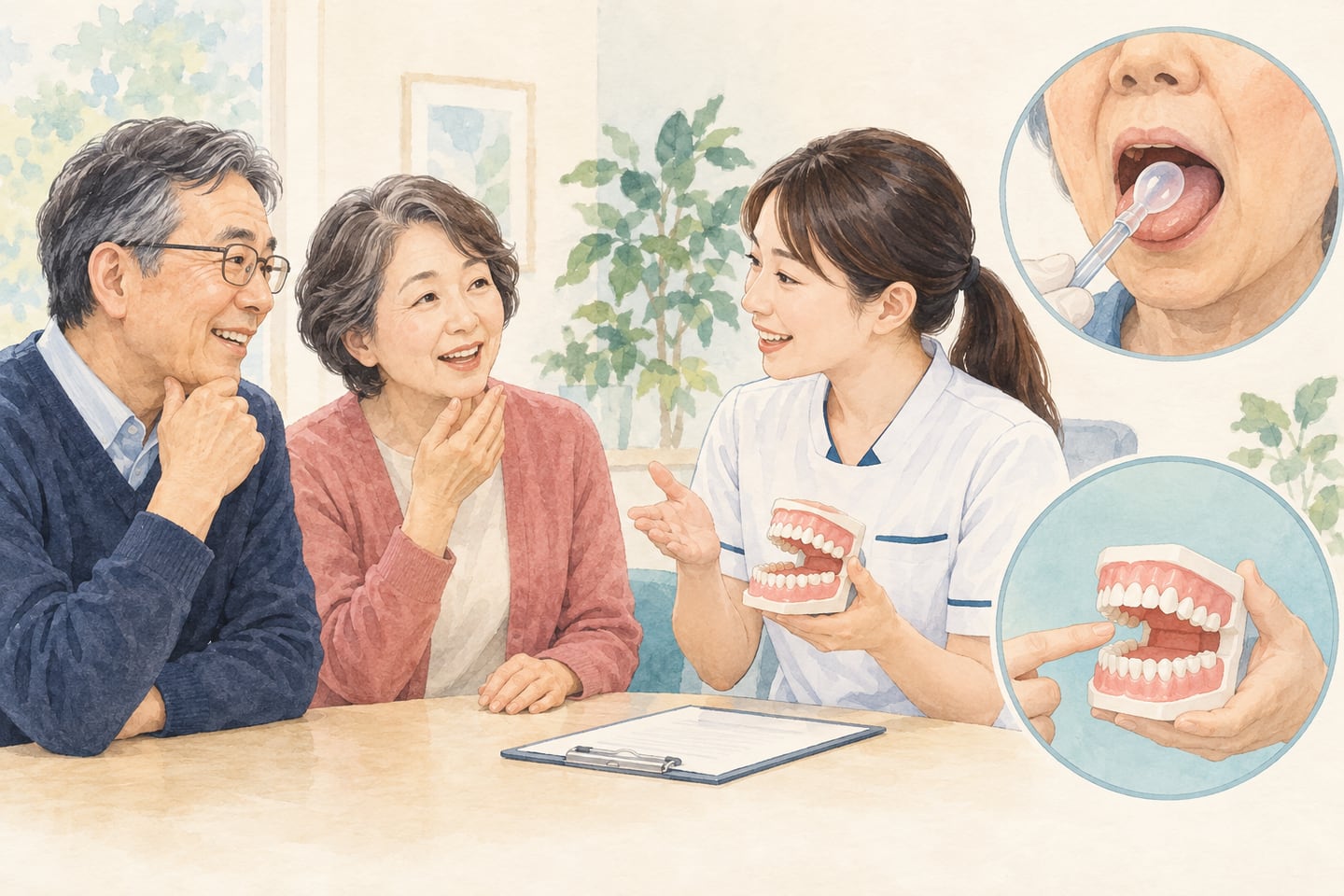 お口の働きについて相談する様子と検査のイメージ