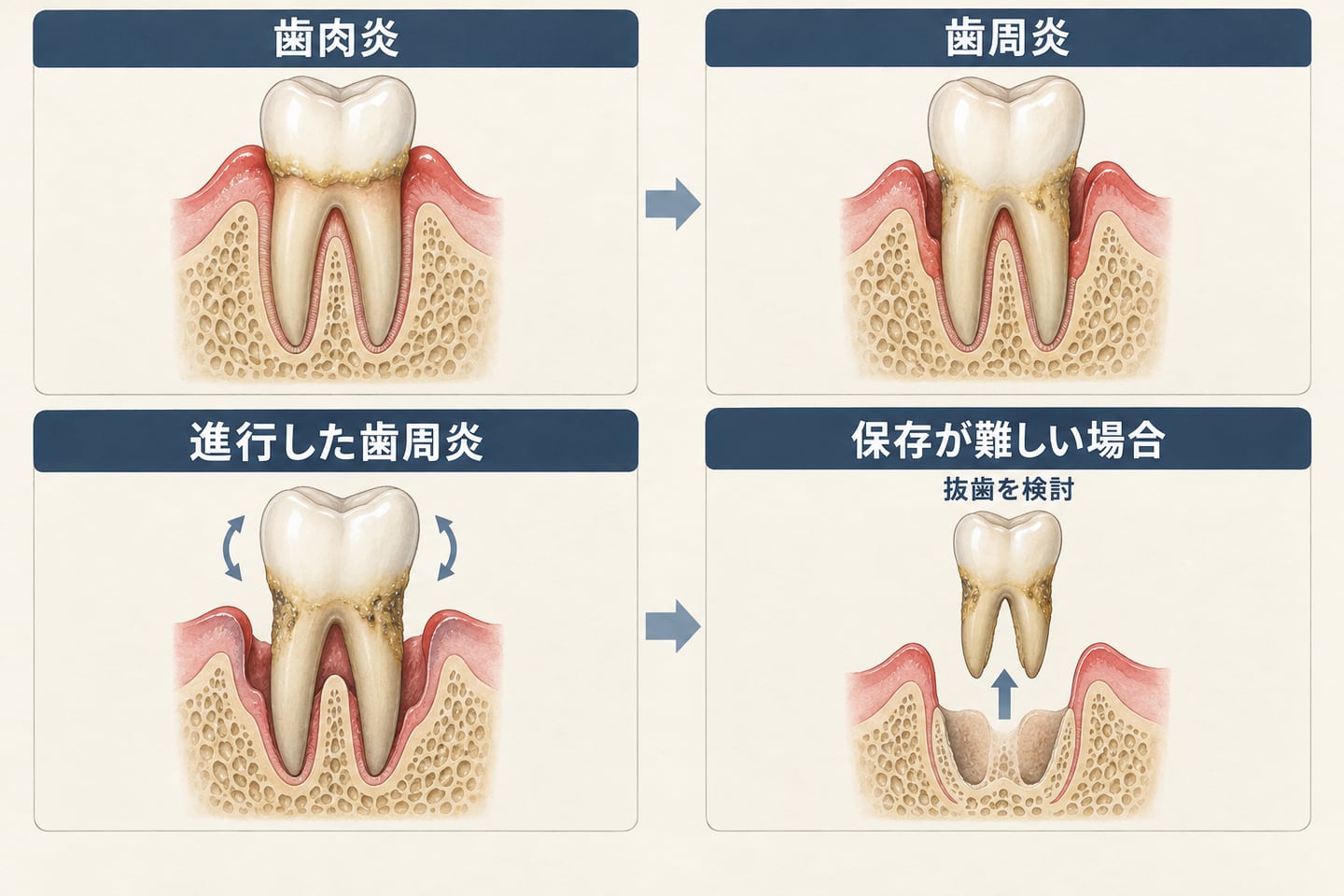 歯肉炎、歯周炎、骨の減少と強い歯の動揺、保存が難しい場合の抜歯検討を示す4段階の模式図